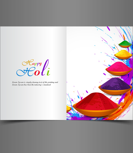 fundo bonito de holi festival indiano cartão com vetor de respingo de texto colorido