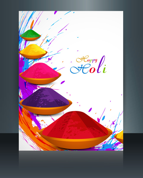 hermoso balde lleno de colores y pichkari en el diseño del folleto festival holi plantilla vector