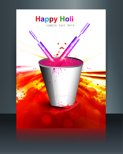 hermoso balde lleno de colores y pichkari en el diseño del folleto festival holi plantilla vector
