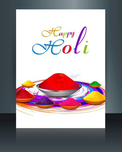 美しい色と祭りホーリー テンプレート ベクトル パンフレット デザインの pichkari のバケツ