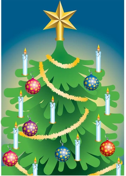 linda árvore de Natal com vela e neve vetor de bolas de floco