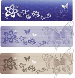 花のアート花ベクター バナー セットでかわいい蝶の美しいライン アート