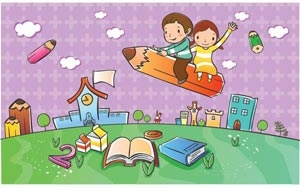 美麗可愛的學校孩子們在公園裡飛行在綠色地平線上的背景城市向量兒童插畫