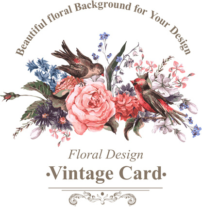 bunga yang indah dengan burung vintage kartu vektor