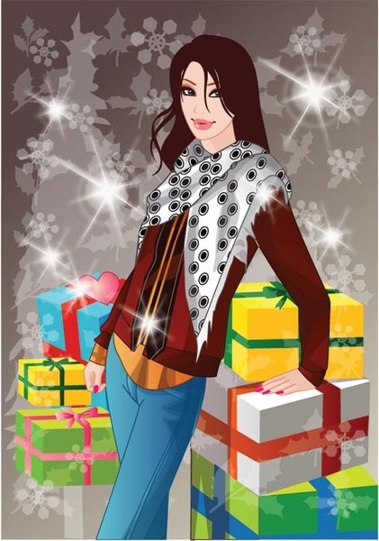 красивая девушка зимой одеваются с вектором подарок