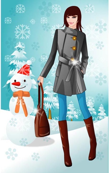 Beautiful Girl With Snowman Winter Vector