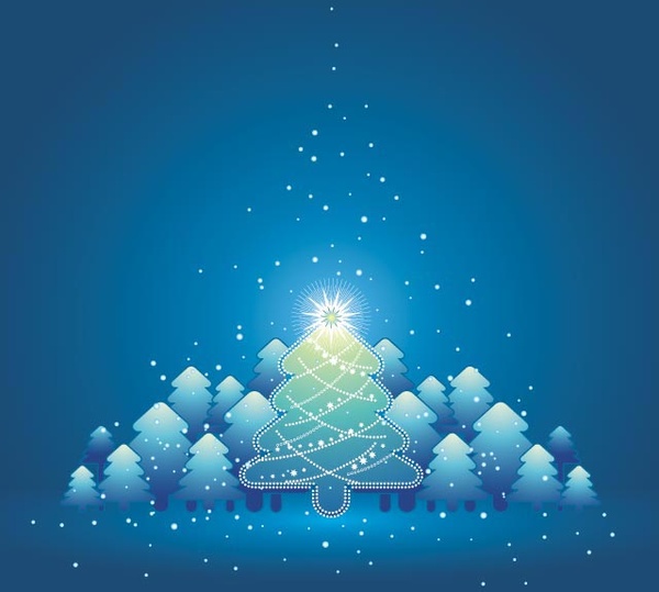 星空の背景ベクトルと美しい光沢のあるクリスマス ツリー
