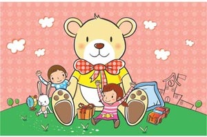 schöne Gruppe von glücklich niedlichen Kinder spielen mit Teddybär Vektor