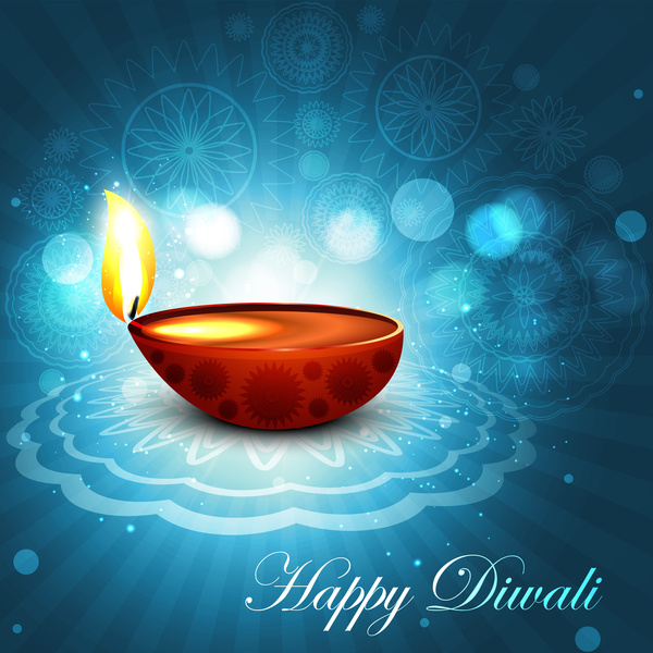 美麗快樂排燈節明亮的藍色多彩的印度教 diya 節日背景插圖