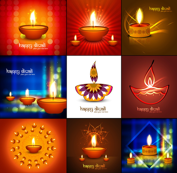 indah happy diwali 9 koleksi presentasi berwarna-warni hindu festival terang untuk bersinar latar belakang perayaan