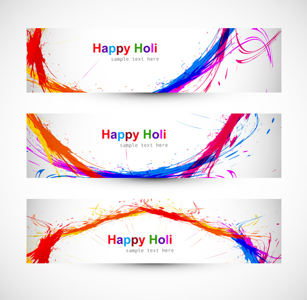 schönen Holi fest Feier Header gesetzt farbigen Hintergrund Vektor
