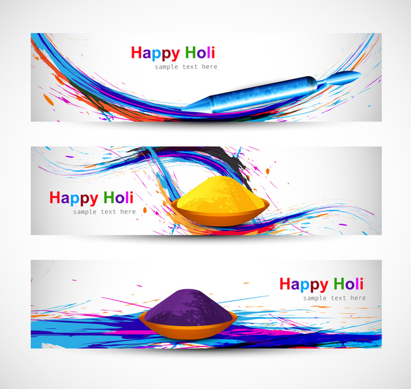 schönen Holi fest Feier Header gesetzt farbigen Hintergrund Vektor