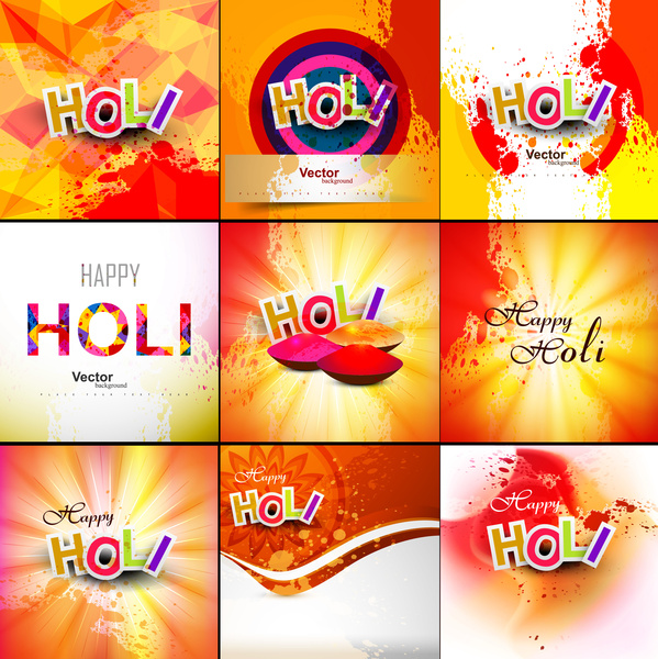 grunge festival India hermosa colección colorida celebración feliz holi establece ilustración de vector de fondo