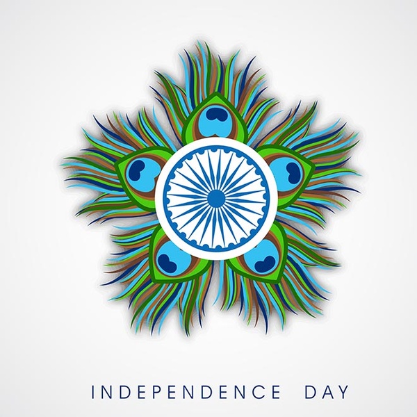 美しい孔雀の羽ラベル幸せインド独立の日のベクトルの背景