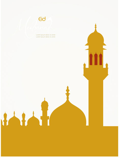 plantilla de vector de tarjeta de bella silueta dorada de la mezquita eid