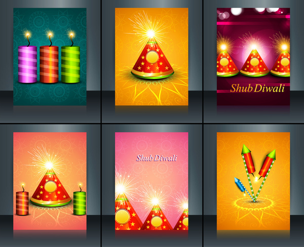 indah template diwali 6 koleksi warna-warni brosur vektor ilustrasi
