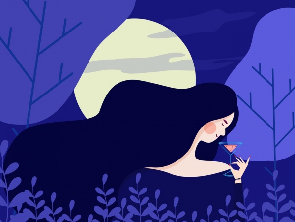 icône de belle femme peinture violet foncé au clair de lune