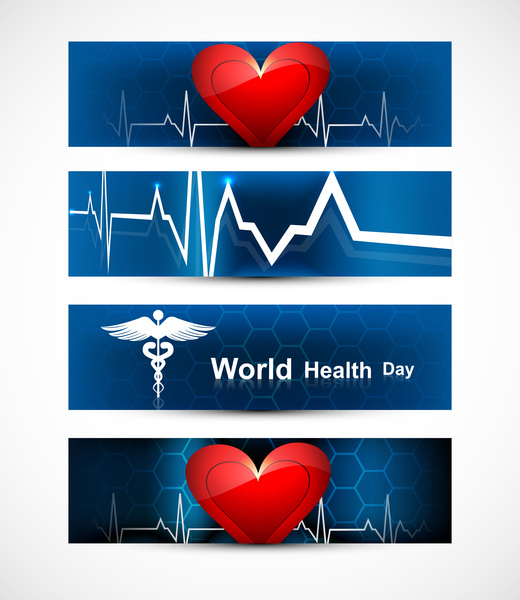 cuatro cabeceras de hermoso mundo salud día set símbolo médico vector colorido diseño