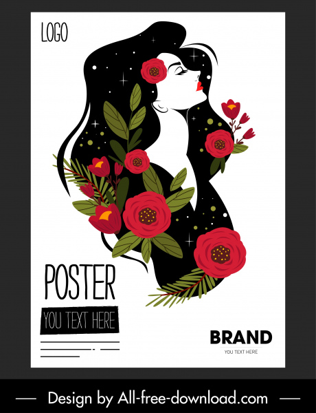 美麗的海報婦女花卉素描五顏六色的古典裝飾