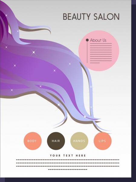 Salon de belleza infografia folleto cabello violeta circulos de colores