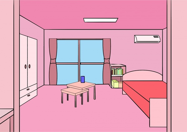 ilustrasi vektor dekorasi kamar tidur dengan warna merah muda