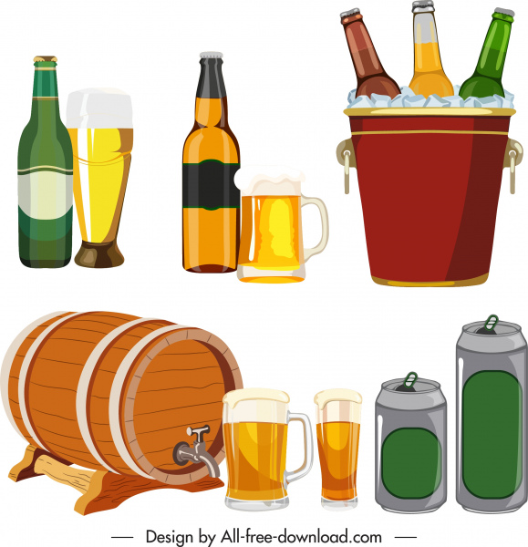 啤酒圖示彩色瓶玻璃罐草圖。