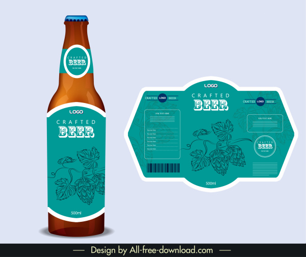 啤酒標籤範本經典藍色手繪花裝。