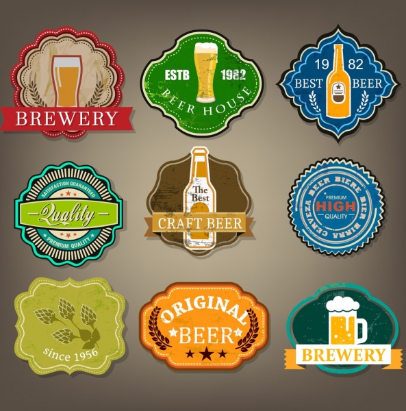 啤酒標籤收集各種彩色復古形狀隔離