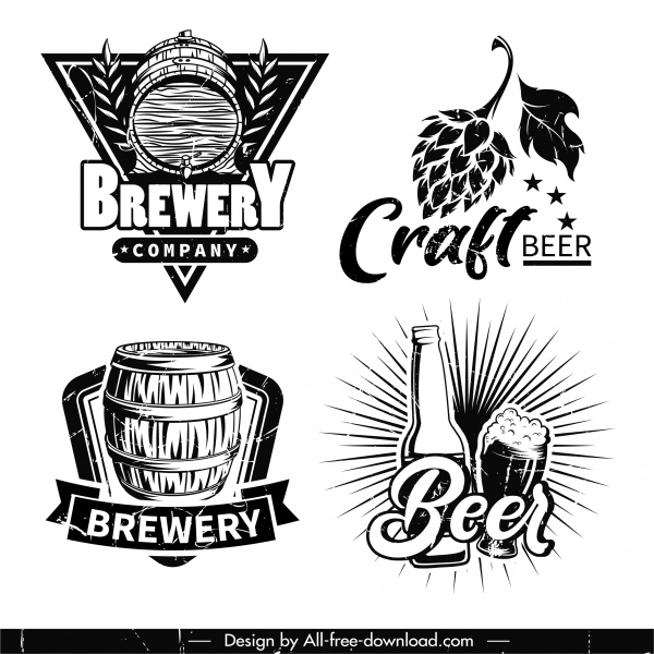 logotipos de cerveja preto branco esboço elementos retrô