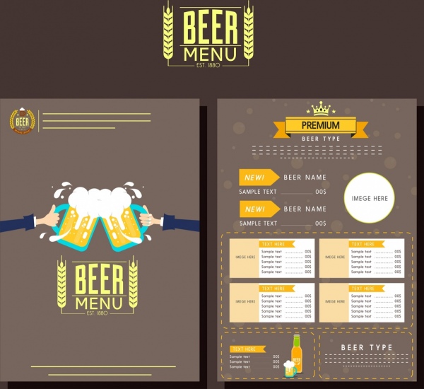 Пиво меню шаблона классический коричневый дизайн очки значок