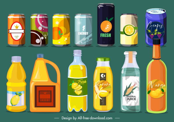 içecek kutuları şişeleri simgeleri renkli çağdaş eskiz