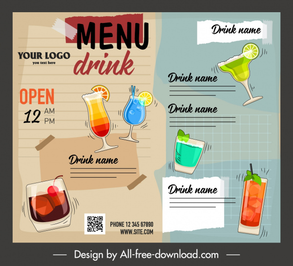modelo de menu de bebidas colorido dinâmica decoração de mão sacada