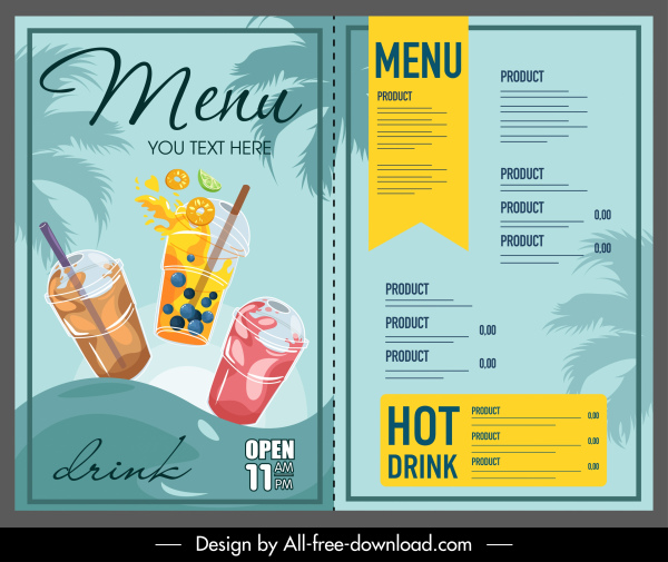 modelo de menu de bebidas dinâmica colorido esboço desenhado à mão