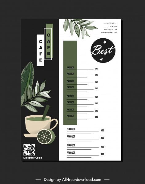 шаблон меню напитков элегантный контраст листья декора