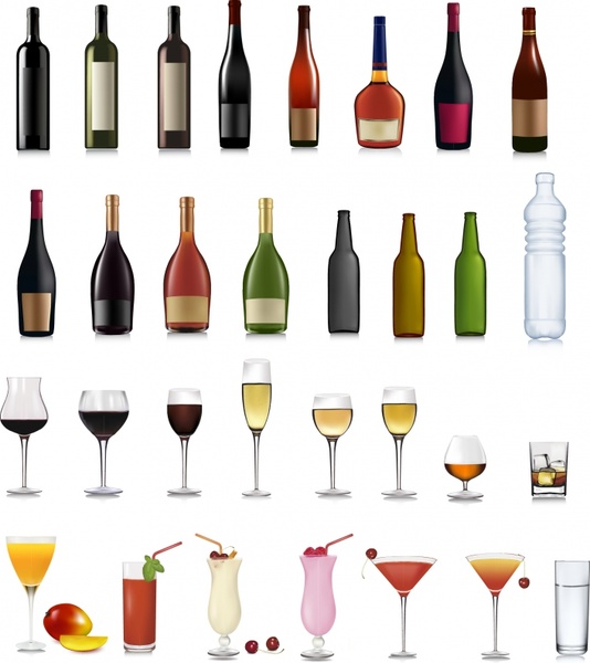 bevande progettare elementi bottiglie bicchieri icone design realistico