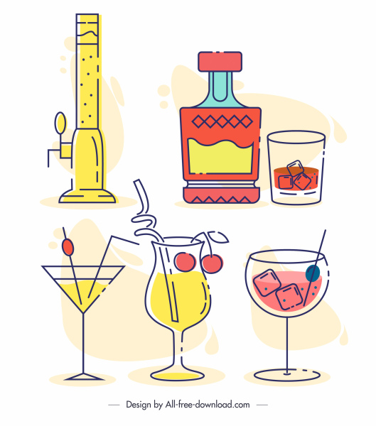 ícones bebidas colorido plano clássico esboço desenhado à mão