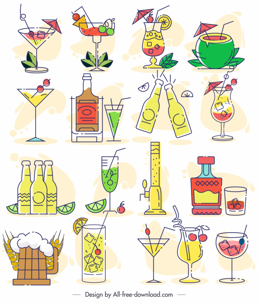 ícones bebidas colorido esboço plano clássico