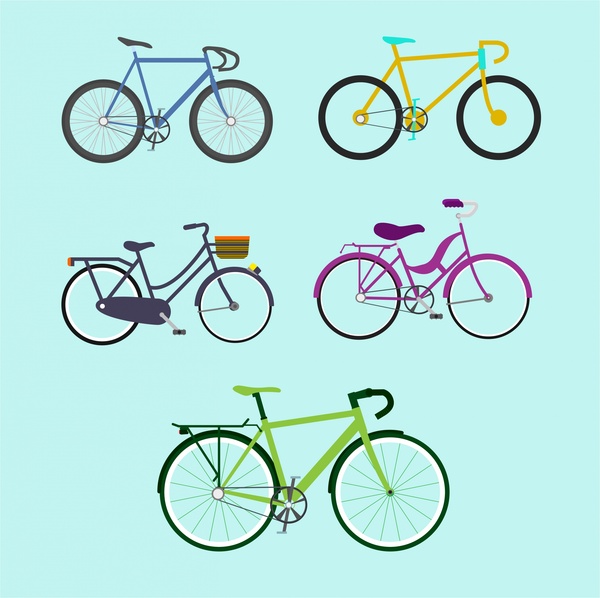zbiór różnych rodzajów rowerów projekt na niebieskim tle