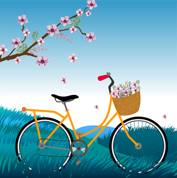 Sepeda dengan bunga sakura dalam sebuah adegan romatic