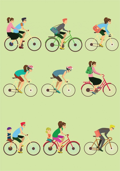 Fahrräder und Radfahrer Vektor-Illustration in farbigen Wohnung