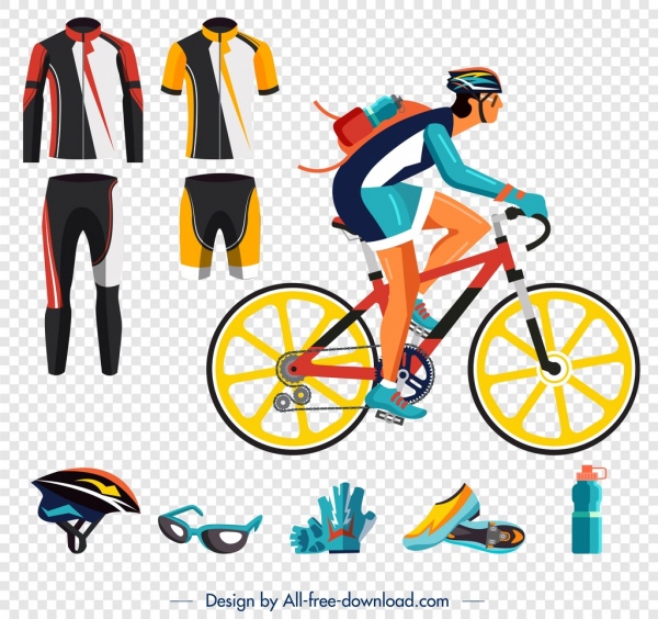 Ciclismo deportes diseño iconos de elementos ropa herramientas ciclistas