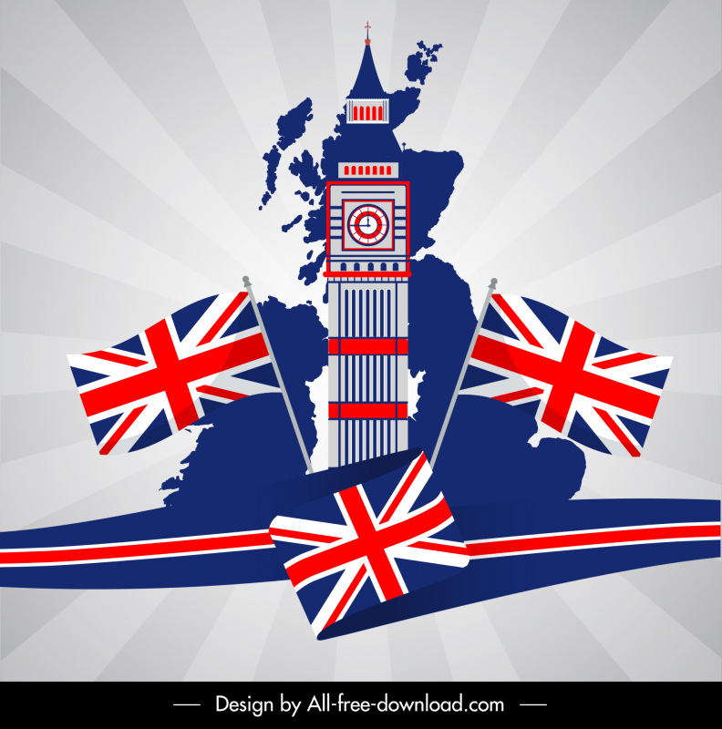 빅 벤 타워와 국기 영국 배경 템플릿 현대 동적 평면 디자인