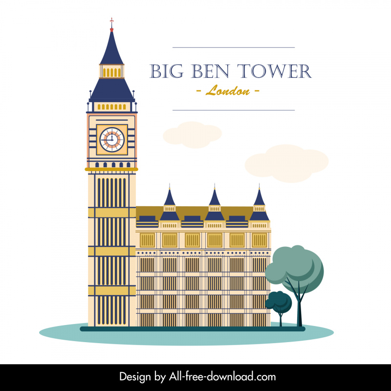 Icono de hito de la torre Big Ben Flat Classic Sketch