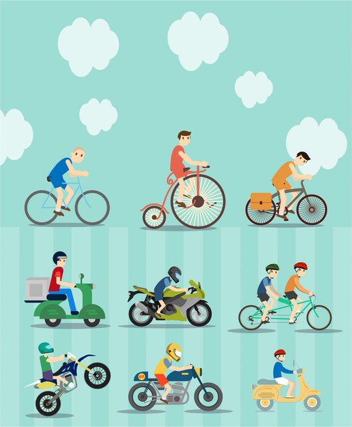 Fahrräder und Motorräder Vektorillustration mit verschiedenen Stilen