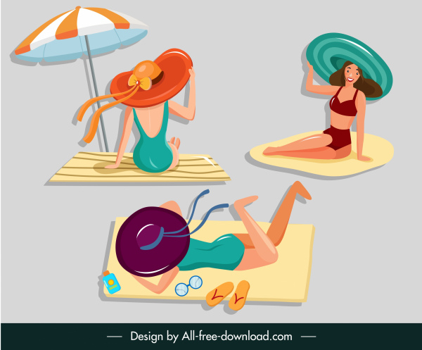 bikini filles icônes colorées croquis de dessin animé