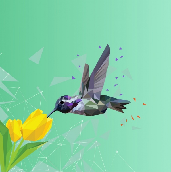 Con chim và hoa màu nền trang trí hình đa giác