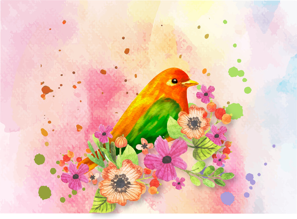 gambar cat air bunga dan burung