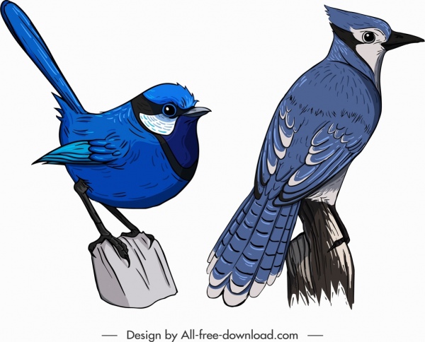 iconos de criaturas de pájaros gorrión azul boceto de bigotes rojos