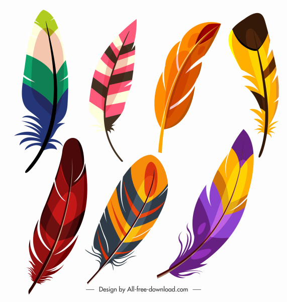 iconos de plumas de pájaro colorido dibujado a mano boceto