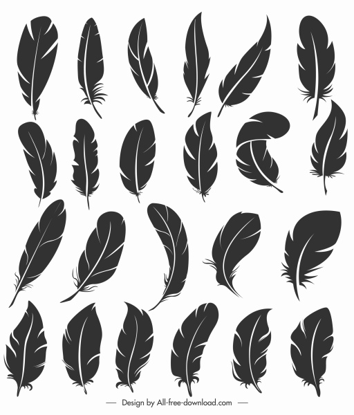 iconos de plumas de pájaro negro oscuro formas dibujadas a mano